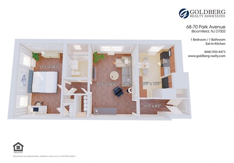 Floor plan for 1 bed, 1 bath, 820 sqft