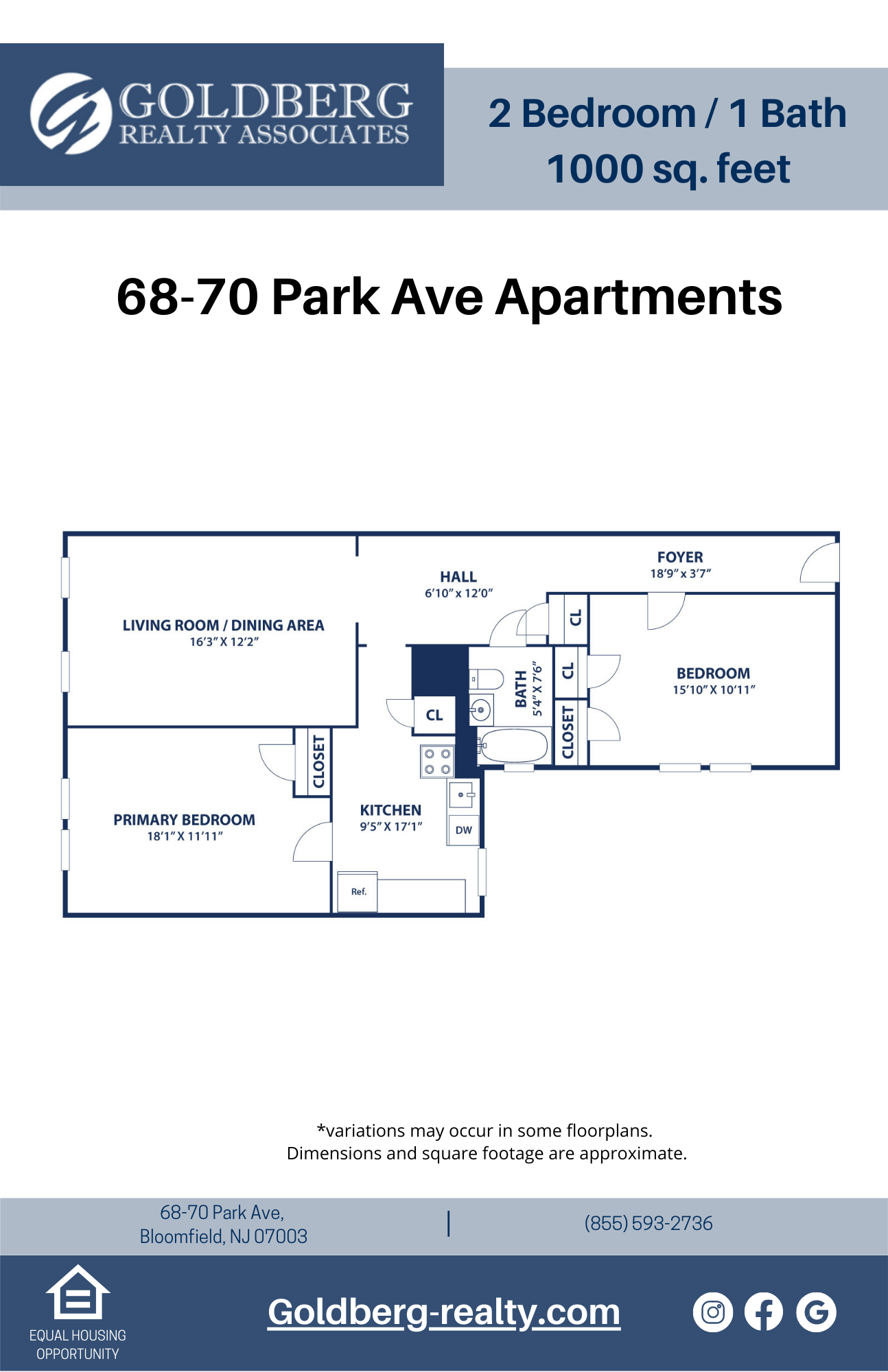 Floor plan for 2 beds, 1 bath, 1000 sqft
