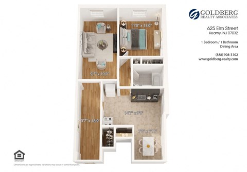 Floor plan for 1 bed, 1 bath, 855 sqft