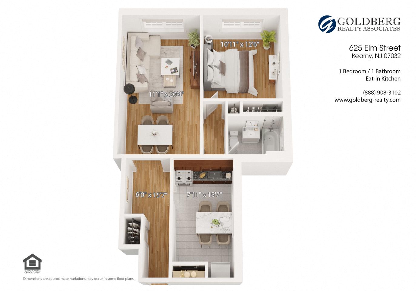 Floor plan for 1 bed, 1 bath, 770 sqft