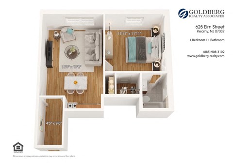 Floor plan for 1 bed, 1 bath, 460 sqft