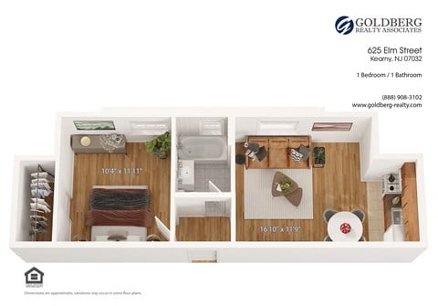 Floor plan for 1 bed, 1 bath, 555 sqft