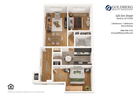 Floor plan for 2 beds, 1 bath, 619 sqft