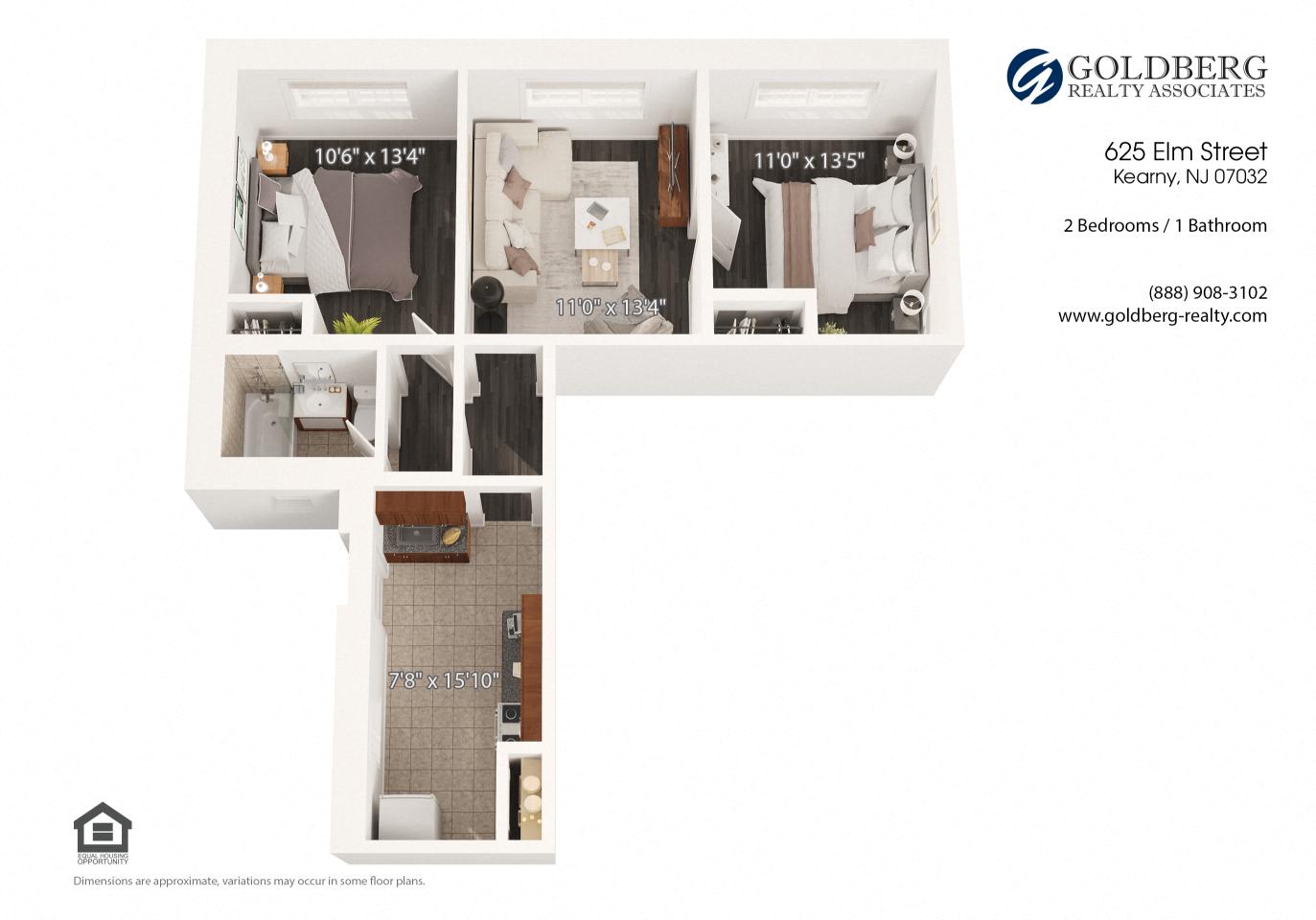Floor plan for 2 beds, 1 bath, 810 sqft