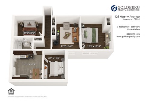 Floor plan for 3 beds, 1 bath, 1194 sqft