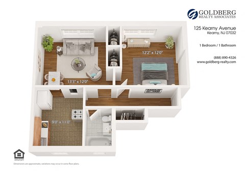 Floor plan for 1 bed, 1 bath, 540 sqft