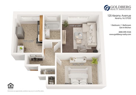 Floor plan for 1 bed, 1 bath, 640 sqft