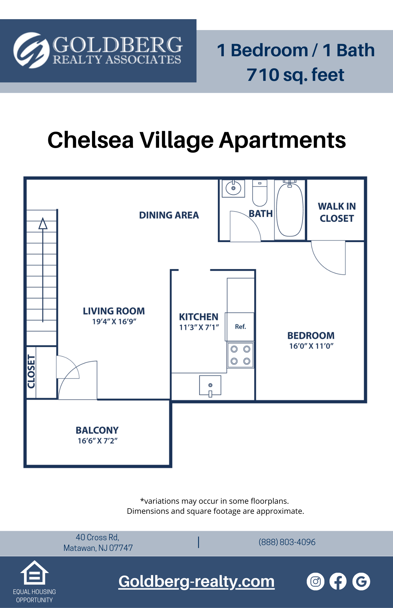 Floor plan for 1 bed, 1 bath, 710 sqft