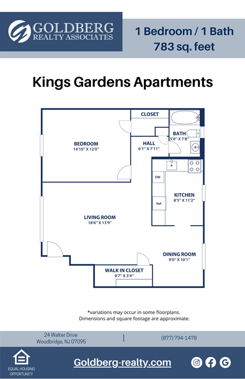 Floor plan for 1 bed, 1 bath, 783 sqft