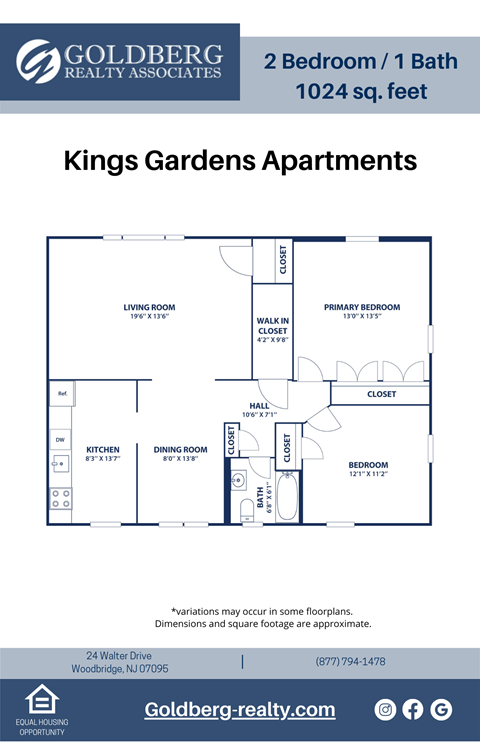 Floor plan for 2 beds, 1 bath, 1024 sqft