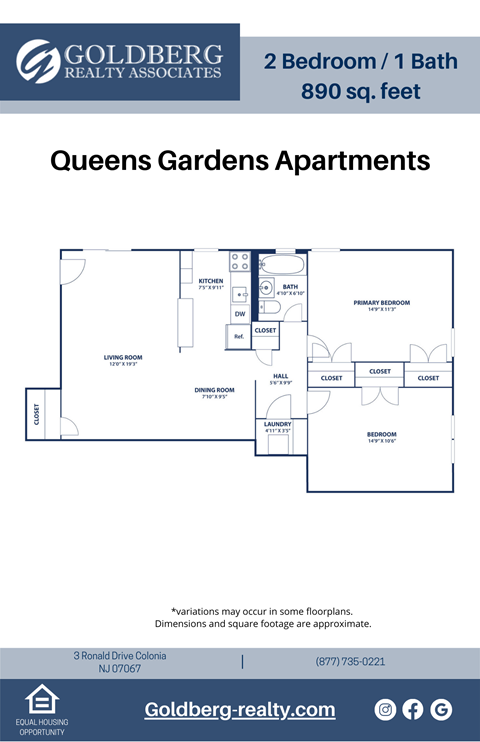 Floor plan for 2 beds, 1 bath, 890 sqft