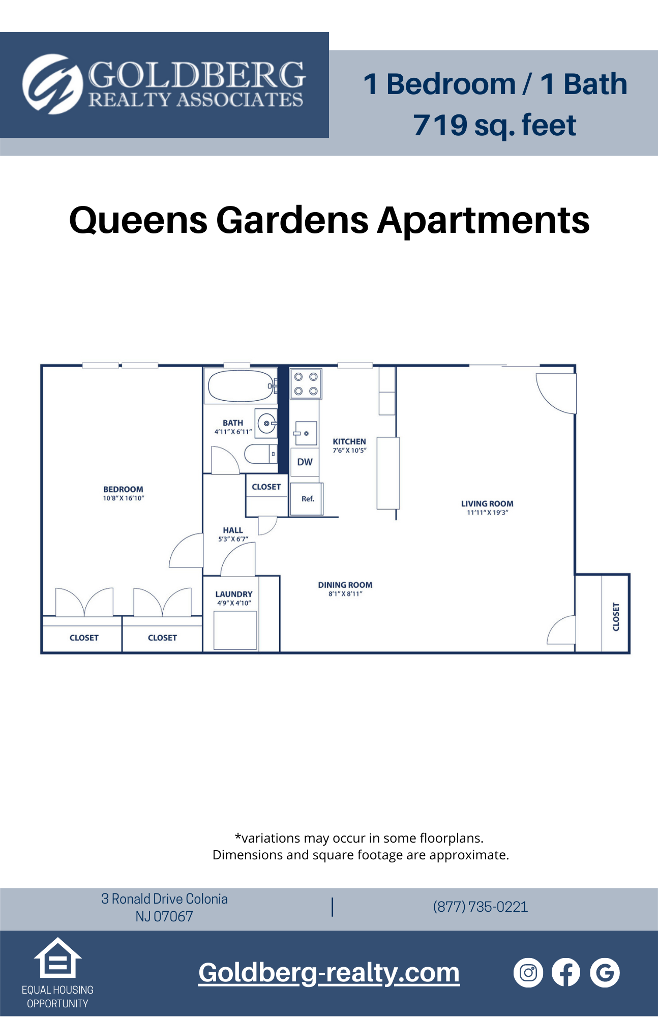 Floor plan for 1 bed, 1 bath, 719 sqft