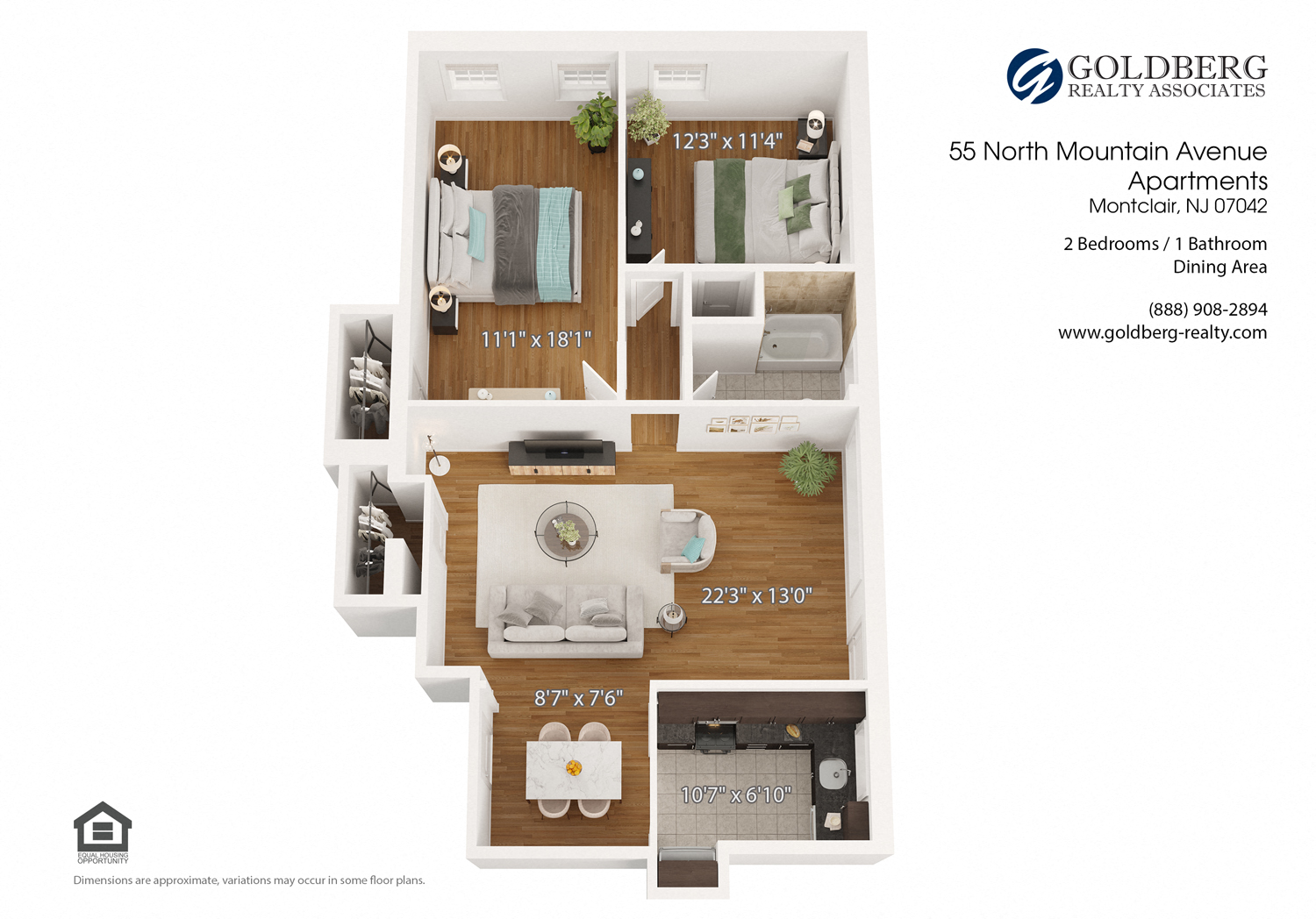 Floor plan for 2 beds, 1 bath, 1030 sqft
