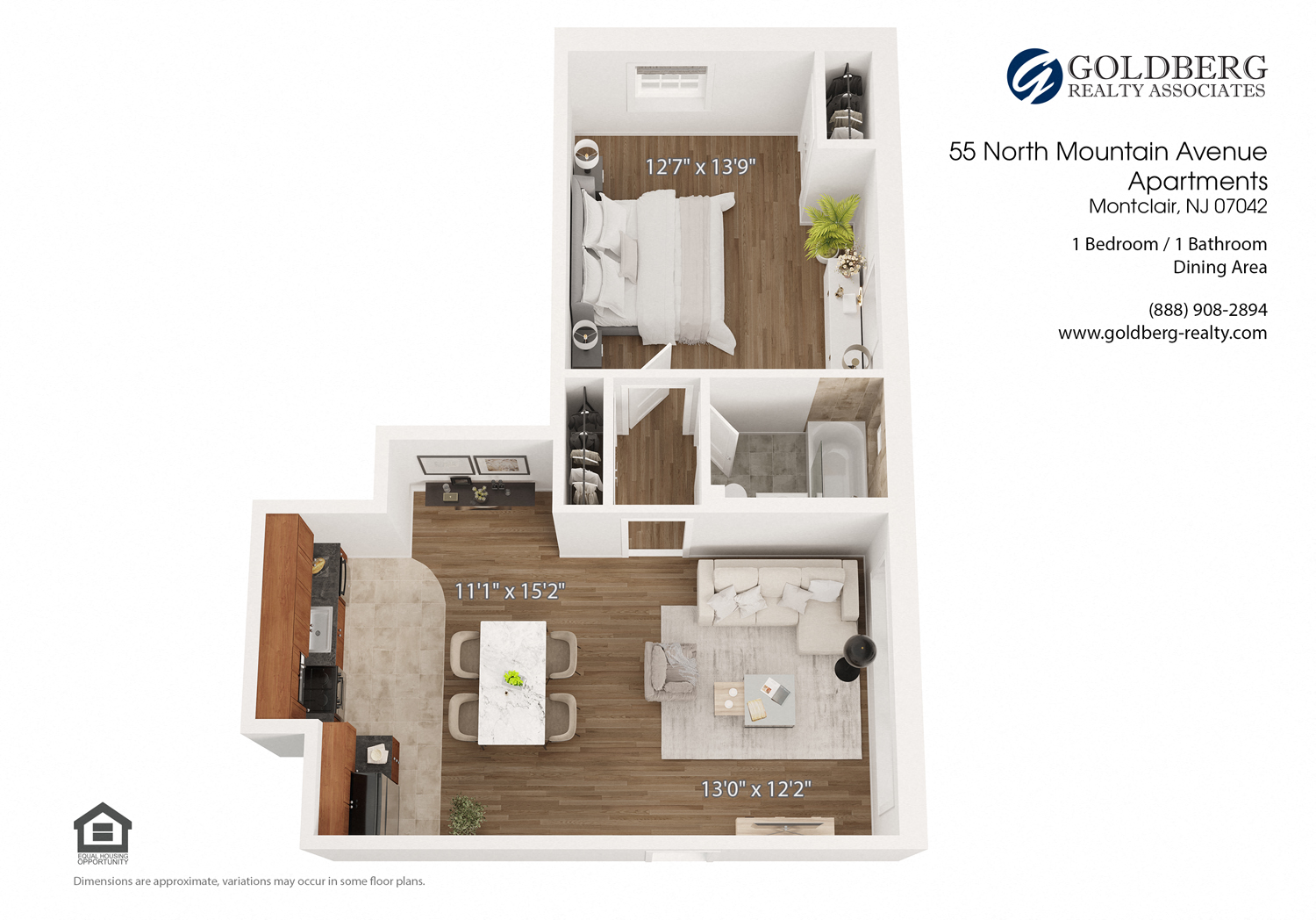Floor plan for 1 bed, 1 bath, 610 sqft