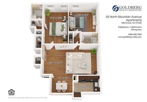 Floor plan for 2 beds, 2 baths, 930 sqft