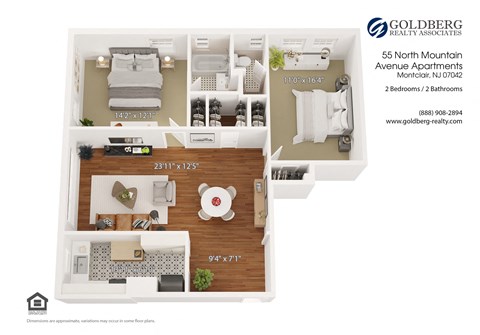 Floor plan for 2 beds, 2 baths, 1030 sqft