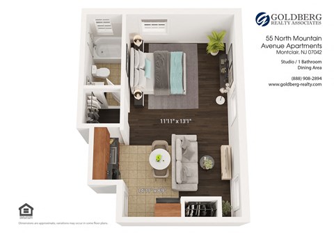 Floor plan for studio, 1 bath, 370 sqft