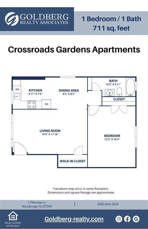 Floor plan for 1 bed, 1 bath, 711 sqft