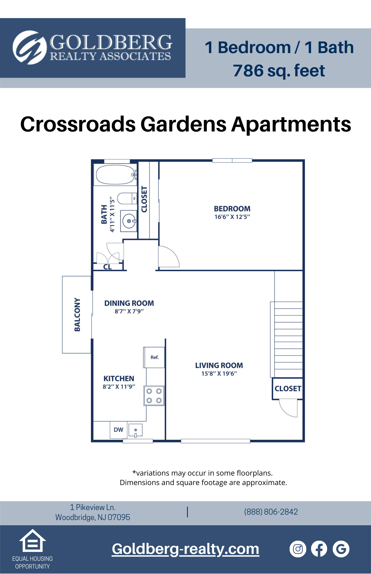 Floor plan for 1 bed, 1 bath, 786 sqft