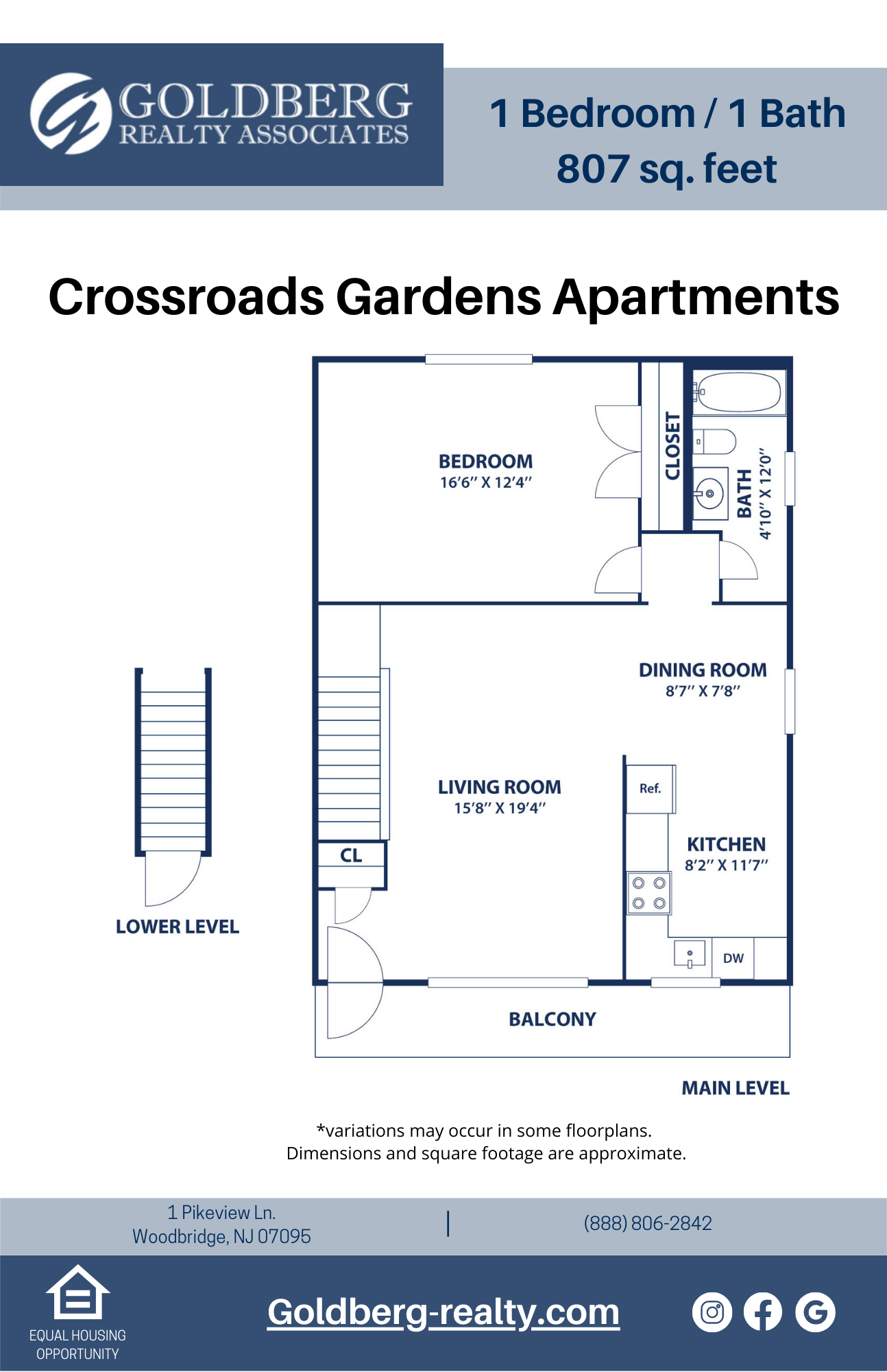 Floor plan for 1 bed, 1 bath, 807 sqft