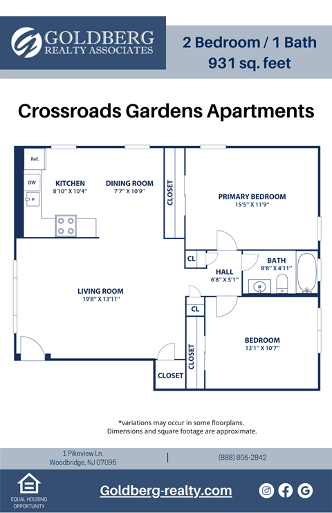 Floor plan for 2 beds, 1 bath, 931 sqft