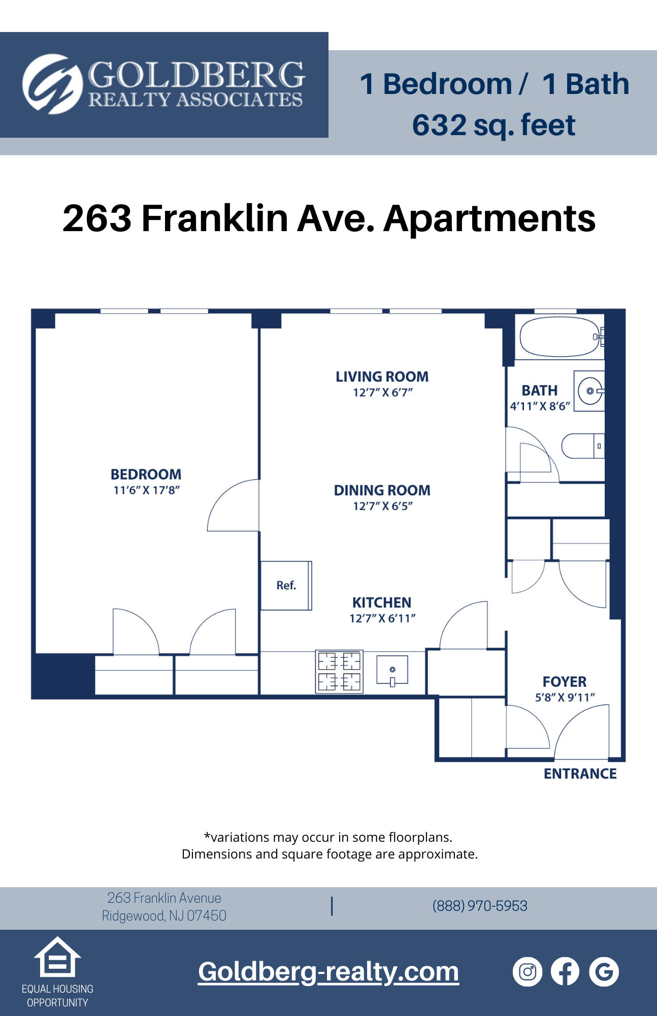 Floor plan for 1 bed, 1 bath, 632 sqft