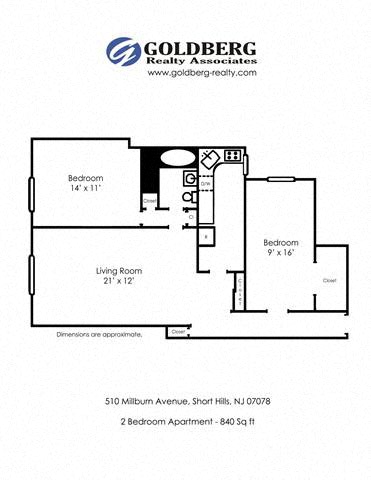 Floor plan for 2 beds, 1 bath, 840 sqft