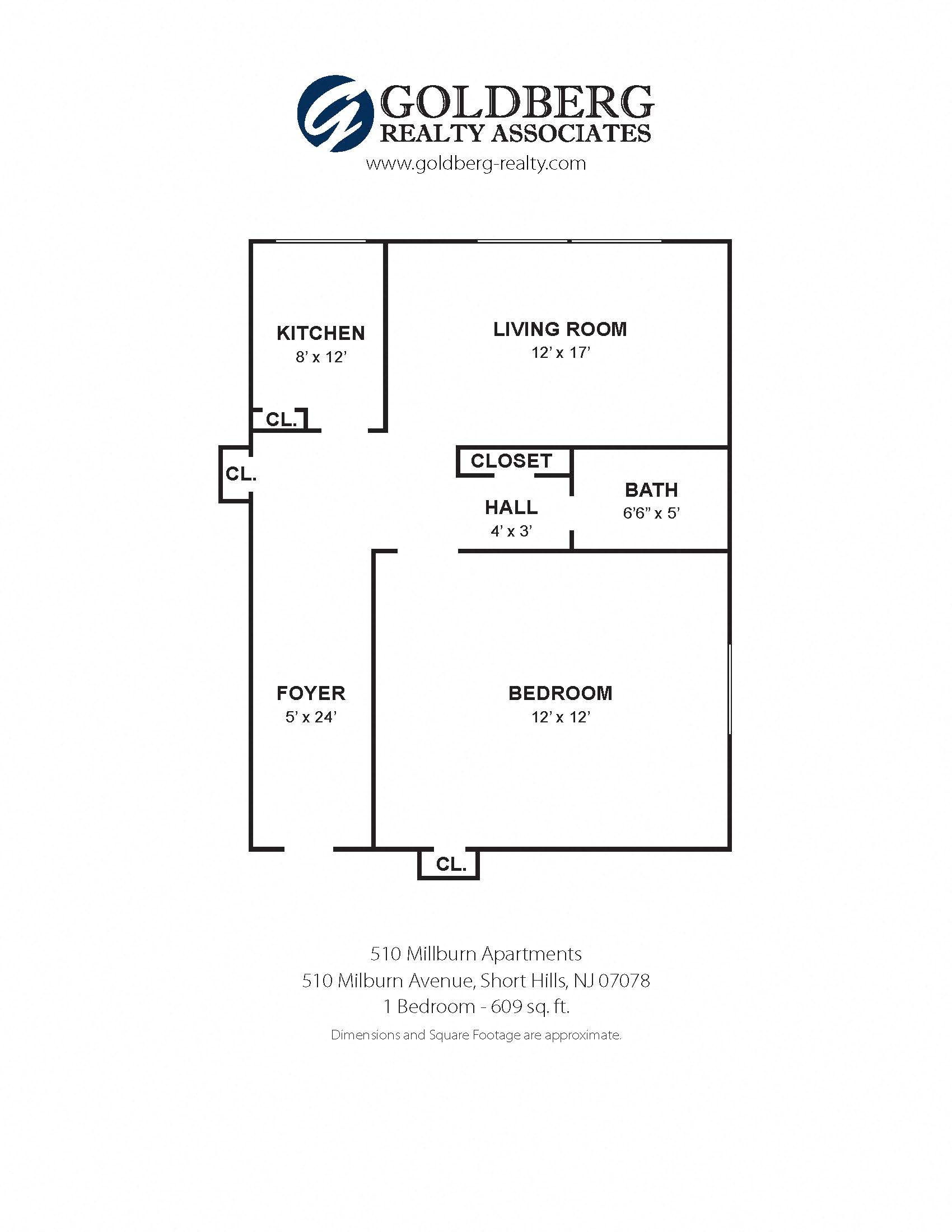 Floor plan for 1 bed, 1 bath, 609 sqft