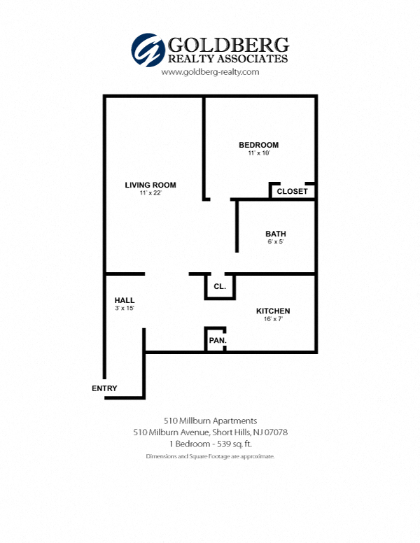 Floor plan for 1 bed, 1 bath, 539 sqft