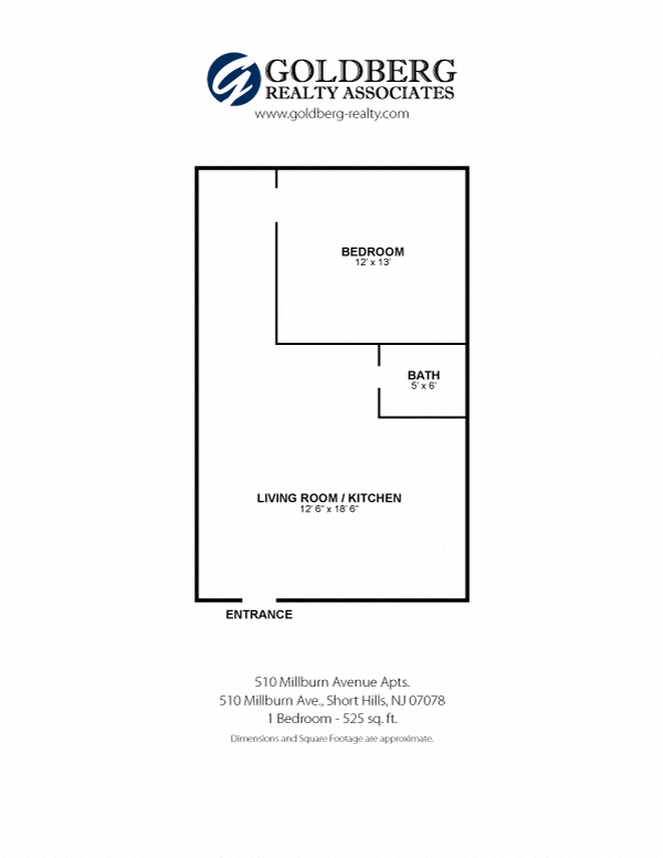 Floor plan for 1 bed, 1 bath, 525 sqft