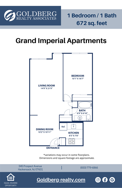 Floor plan for 1 bed, 1 bath, 672 sqft