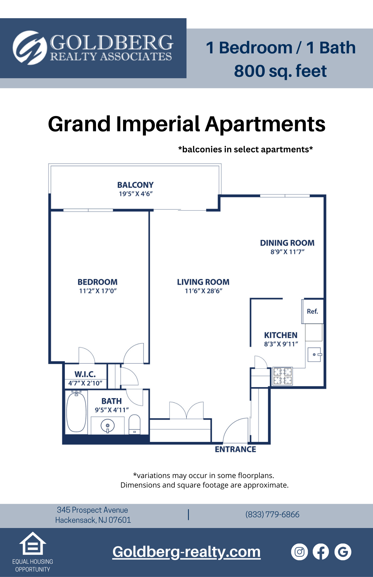 Floor plan for 1 bed, 1 bath, 800 sqft