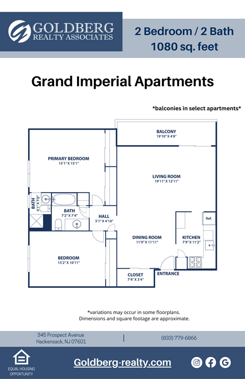 Floor plan for 2 beds, 1.5 baths, 1080 sqft