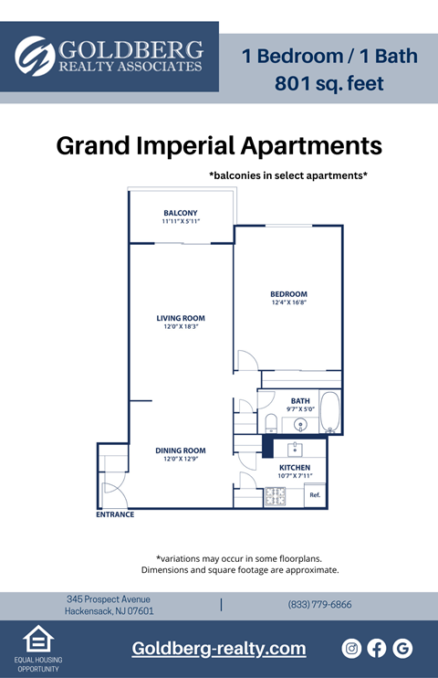 Floor plan for 1 bed, 1 bath, 801 sqft