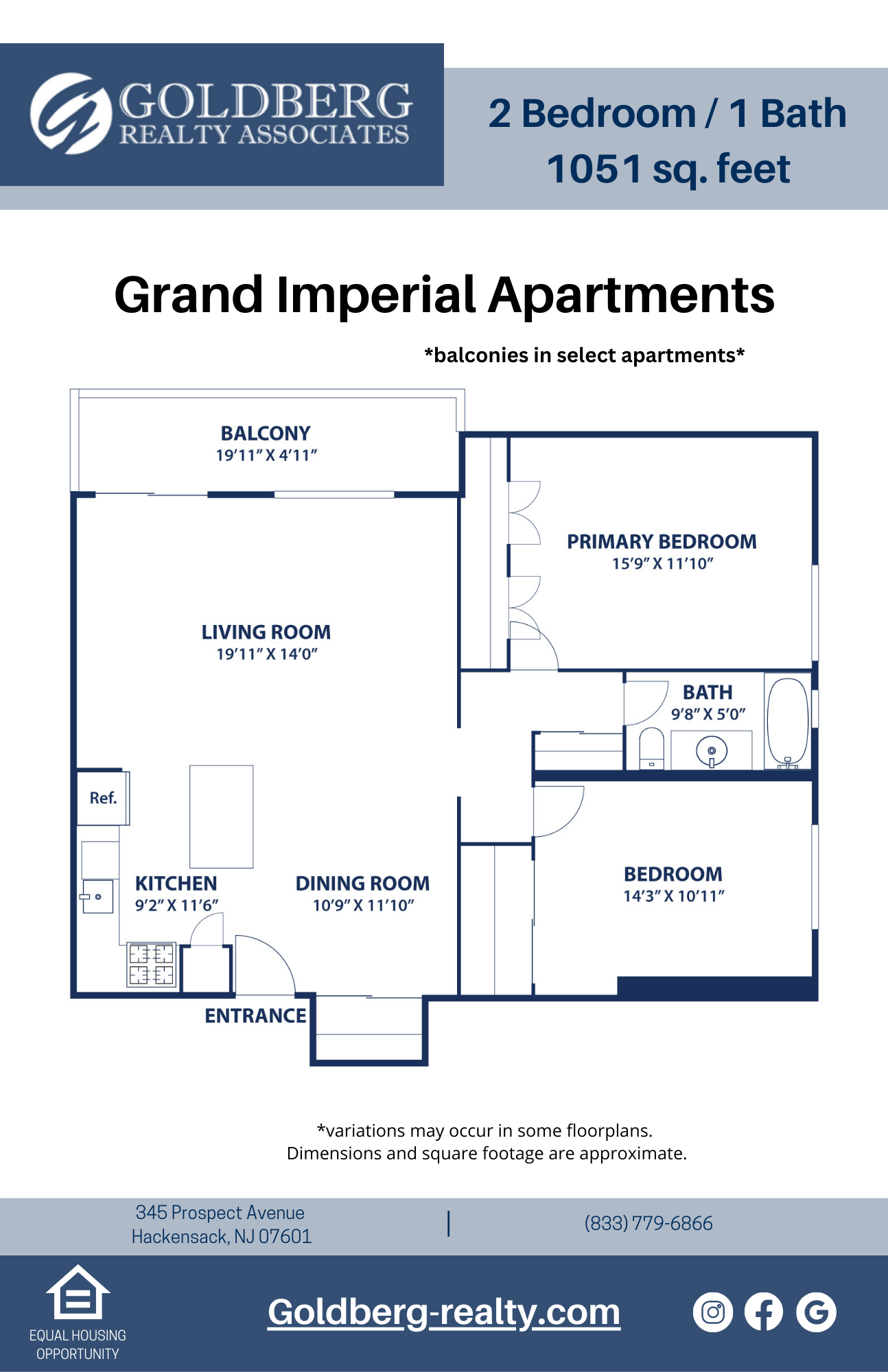 Floor plan for 2 beds, 1 bath, 1051 sqft