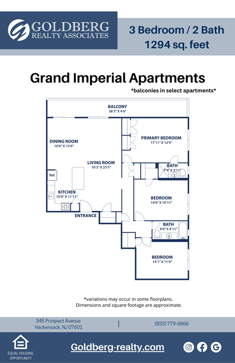 Floor plan for 3 beds, 2 baths, 1294 sqft