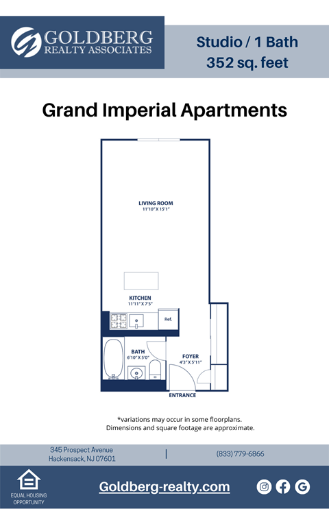 Floor plan for studio, 1 bath, 352 sqft