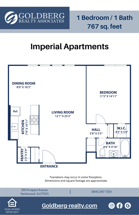 Floor plan for 1 bed, 1 bath, 767 sqft