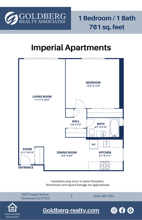 Floor plan for 1 bed, 1 bath, 761 sqft