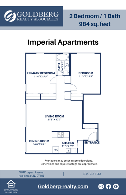 Floor plan for 2 beds, 1 bath, 984 sqft