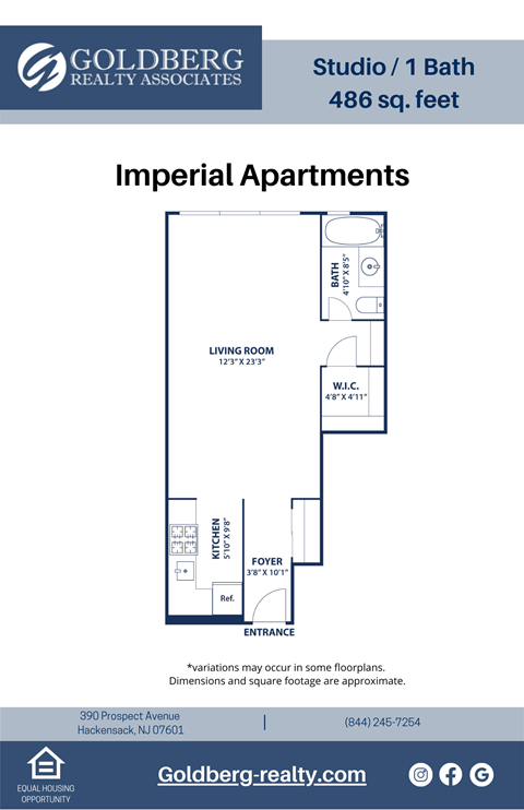 Floor plan for studio, 1 bath, 486 sqft