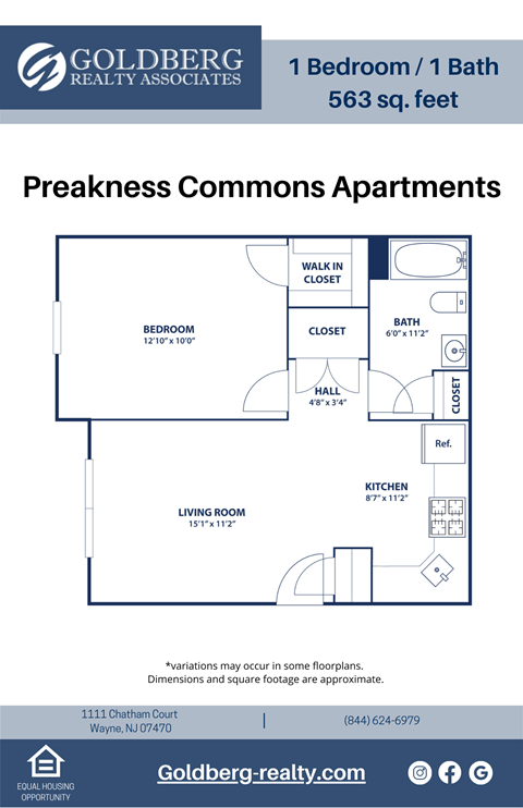 Floor plan for 1 bed, 1 bath, 563 sqft