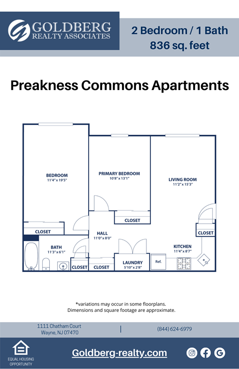 Floor plan for 2 beds, 1 bath, 836 sqft