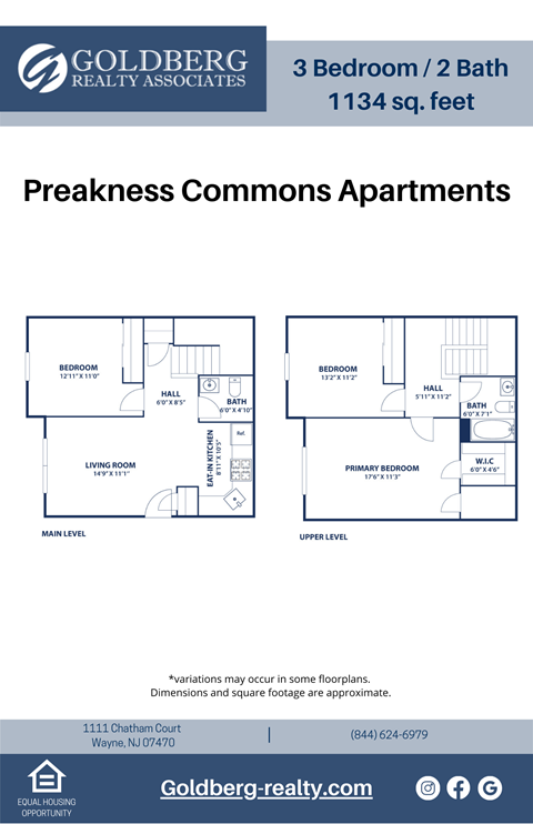 Floor plan for 3 beds, 1.5 baths, 1134 sqft