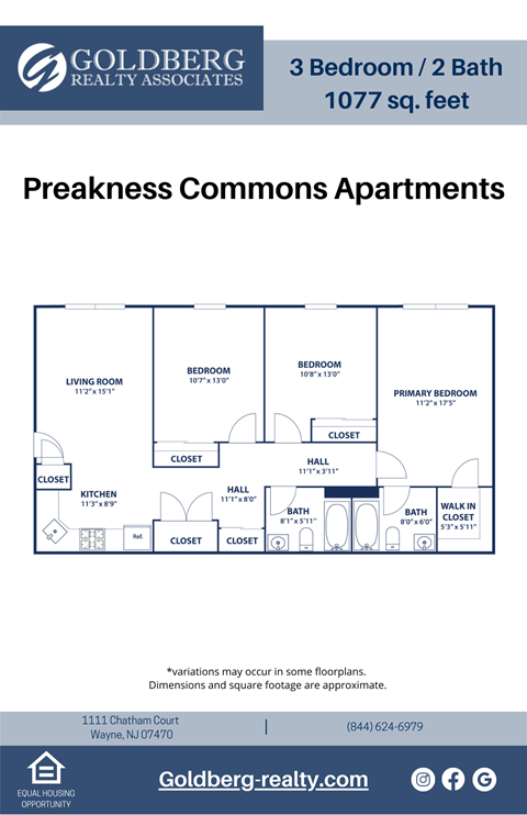 Floor plan for 3 beds, 2 baths, 1077 sqft