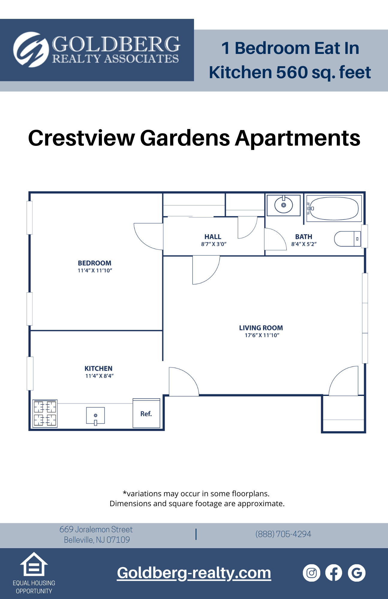 Floor plan for 1 bed, 1 bath, 560 sqft