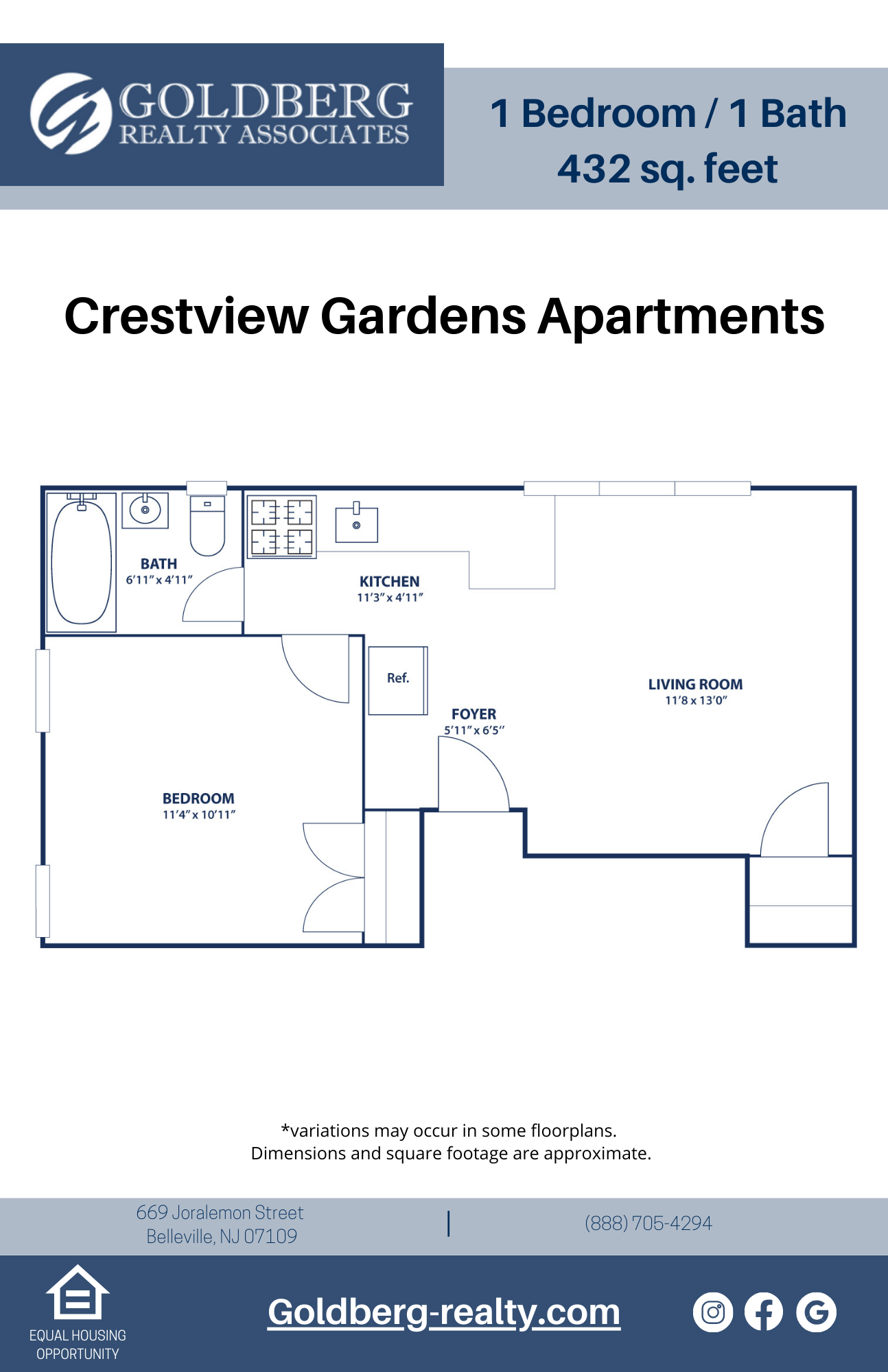 Floor plan for 1 bed, 1 bath, 432 sqft