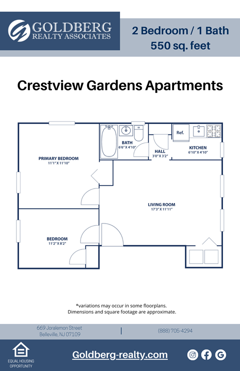 Floor plan for 2 beds, 1 bath, 550 sqft