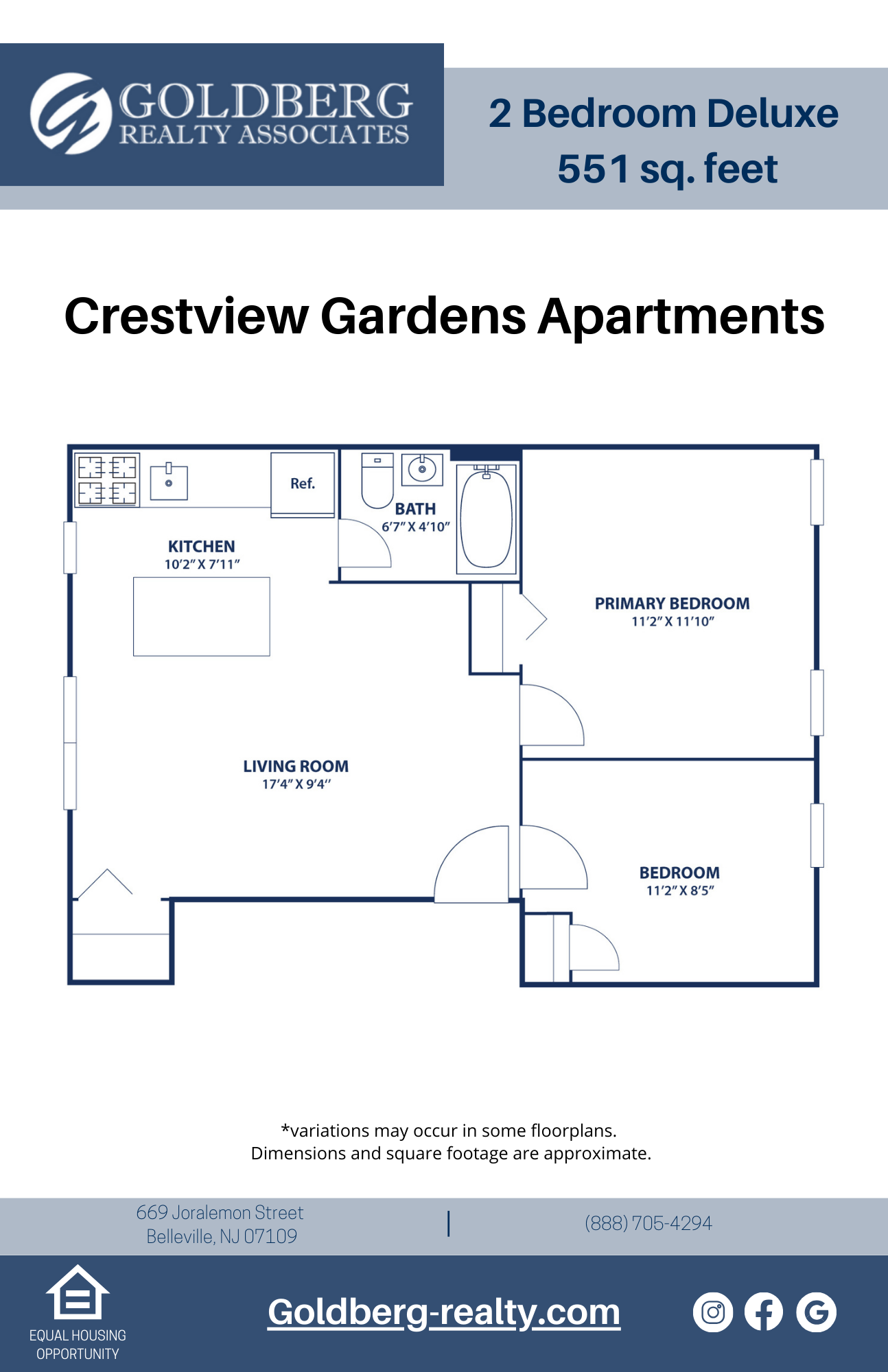 Floor plan for 2 beds, 1 bath, 551 sqft