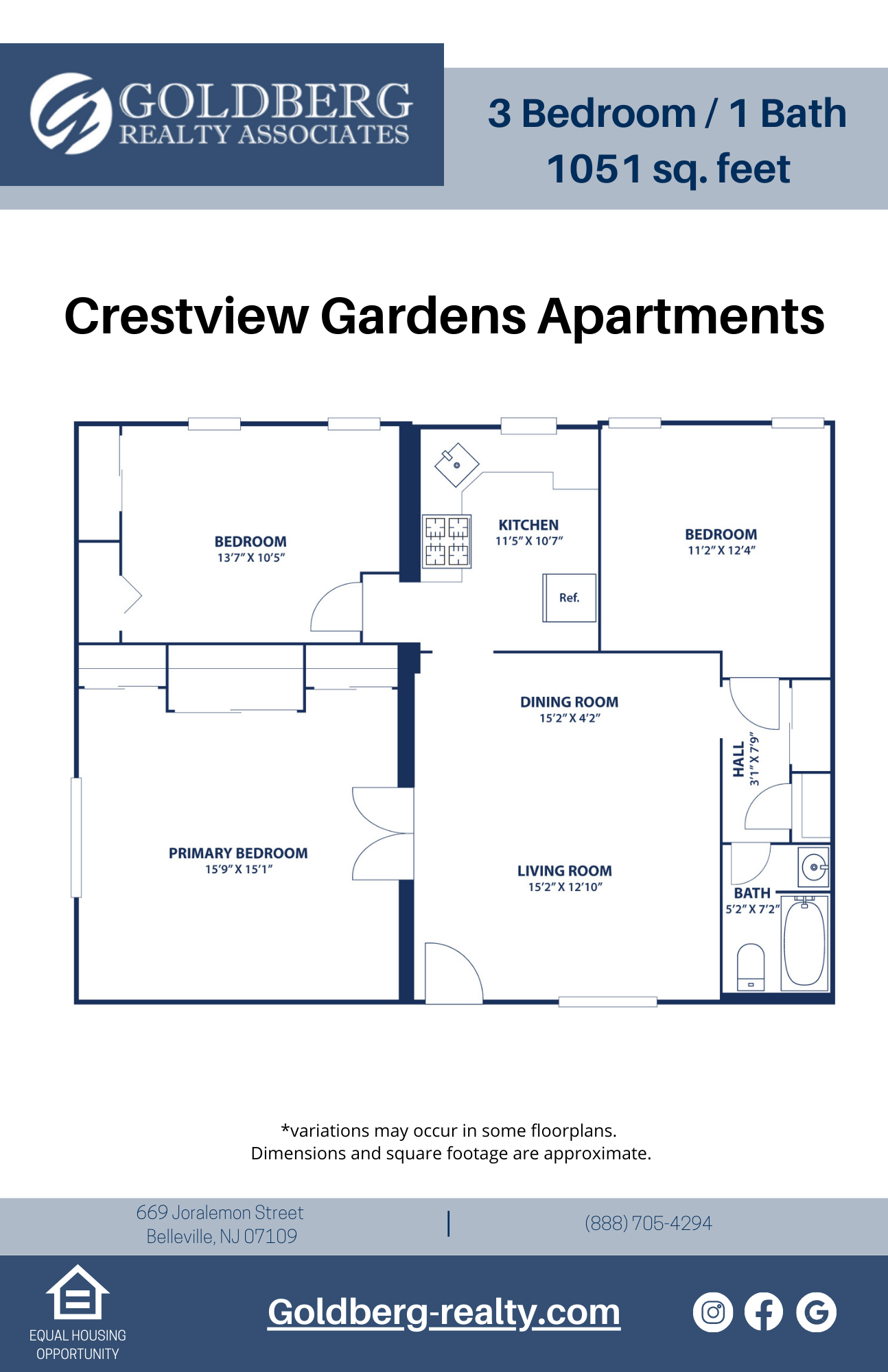 Floor plan for 3 beds, 1 bath, 1051 sqft